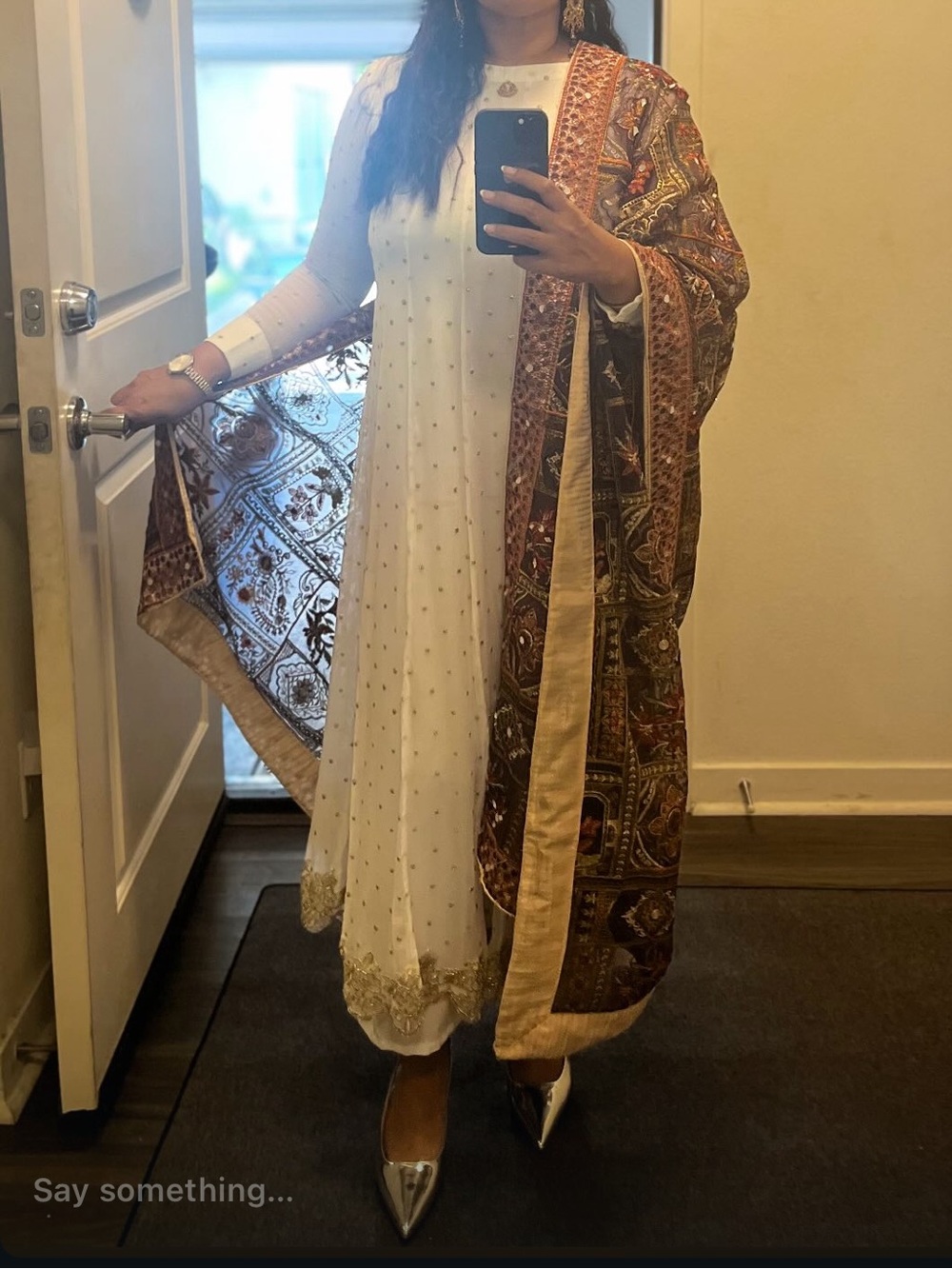 Embroidered White A-Line Dress frock anarkali with Gold Accents Large - Picture 5 of 5